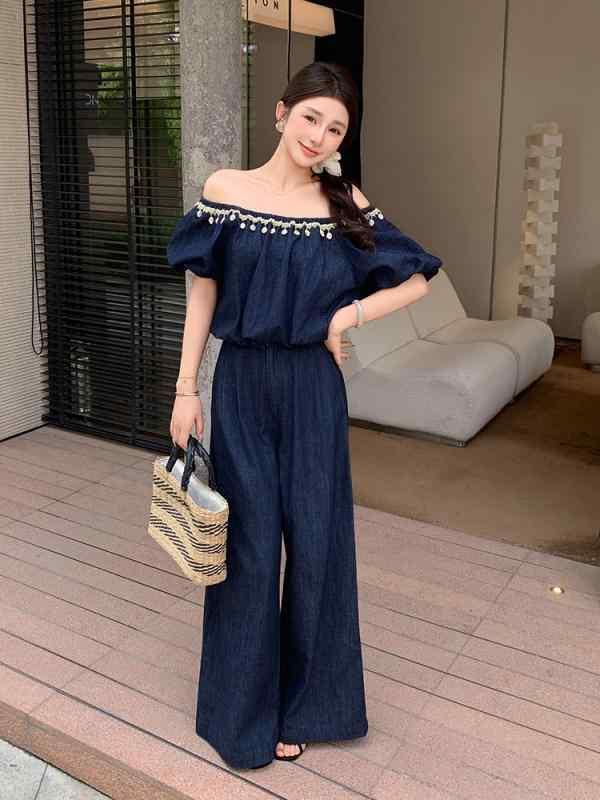 レディース 牛仔 トップス ワイドパンツ セット 春夏 接触冷感 綿素材 肩出し ボートネック ハイウエスト ロング丈 軽量 伸縮性 吸湿速乾 私服 カジュアル デニムブルー ファッション セットアップ