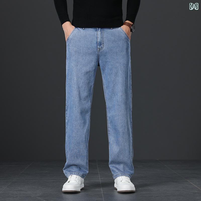 メンズ 牛仔パンツ 直筒型 中腰 長ズボン 秋冬 厚手 ストレッチ デニム素材 ラセル混 軽量 伸縮性 吸湿速乾 洗い加工 口袋付き ラッキーカラー ブルー系 グレー系 ビジネスカジュアル 普段使い 通勤用 アウトドア 35歳以上 青年向け 男性用 デニ