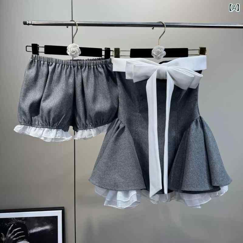 レディース 夏 トップス スカート風 ショートパンツ セット かわいい 甘辛 スタイル 蝶結び ストラップレス デザイン ポケット 付き 切り替え ディテール コットン 素材 グレー 色 軽量 通気性 吸湿性 女性用 カジュアル 私服 気質 少女向け 3