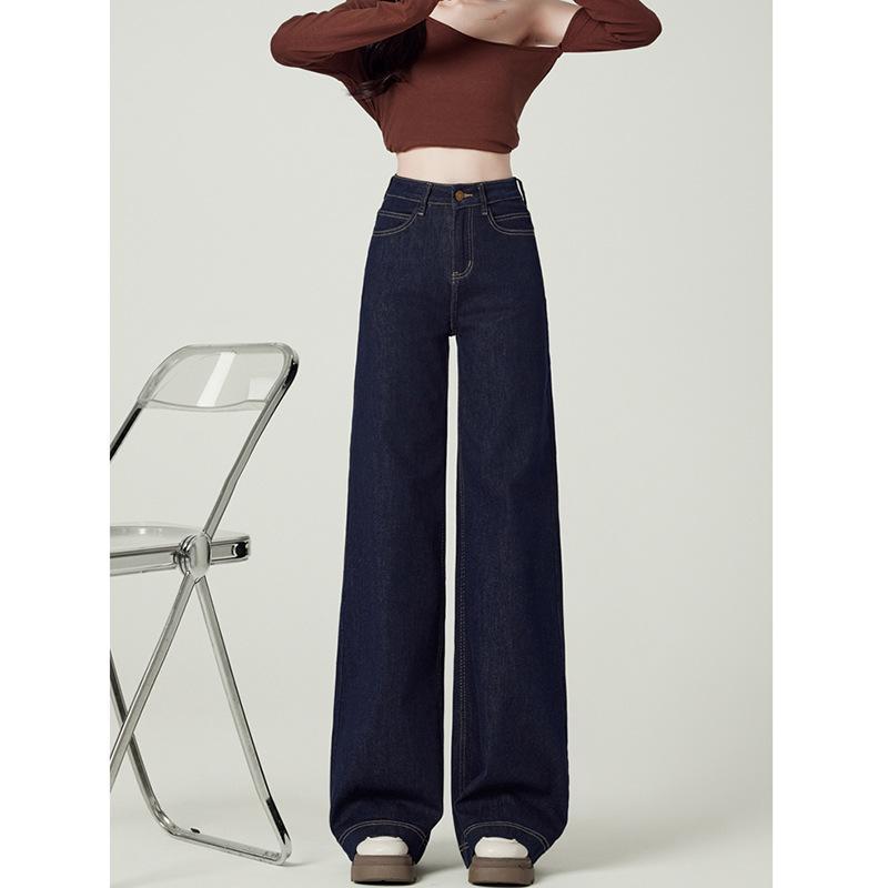 デニムパンツ 女性用 春夏 綿 デニム生地 ハイウエスト ワイドレッグ ストレート ロング丈 ゆったりシルエット 脚長効果 街頭スタイル 快適カジュアル ミディアム厚 ダークブルー トレンド 日常使い アウトドア対応