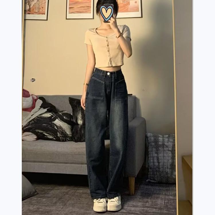 レディース ワイドパンツ デニム 綿 素材 高腰 ロング丈 ブルー ヴィンテージ スタイル 通勤 普段使い ゆったり シルエット 脚長効果 梨型ボディ 気質 エレガント 無弾性 直筒 タイプ 春夏