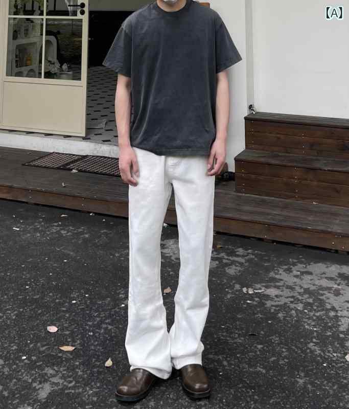 メンズ 牛仔パンツ ホワイト ブラック 微喇 スリムフィット ロングパンツ ミッドライズ ジップフライ ポケット ディテール ウォッシュ加工 ノーアイロン ストレッチなし 直筒 微喇型 スリムシルエット スタイルアップ レイヤード トラベル ユース デニ