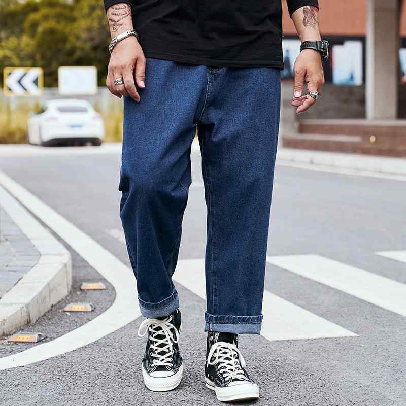 メンズ デニムパンツ ワイドレッグ クロップド ビッグサイズ コットン ストレッチ ミドルウエスト ジッパー プリーツ ノーアイロン ダークブルー ライトブルー ブラックグレー 秋冬 日常使い ストリートファッション 快適 ゆったりシルエット
