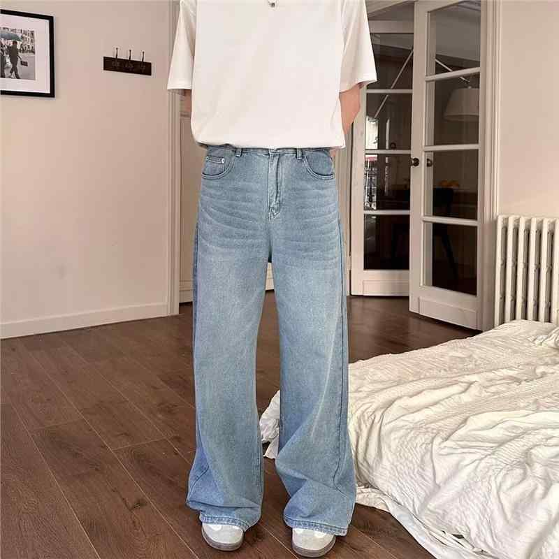 デニムパンツ メンズ レディース 直筒 ワイドレッグ ゆったり ストリートファッション 洗い加工 ビンテージ風 コットン素材 中腰 ジップフライ 春秋 黒 ブルー ライトブルー 猫須加工 破れ 日常使い 長丈 無弾性 ティーン向け ゆったりシルエット シ