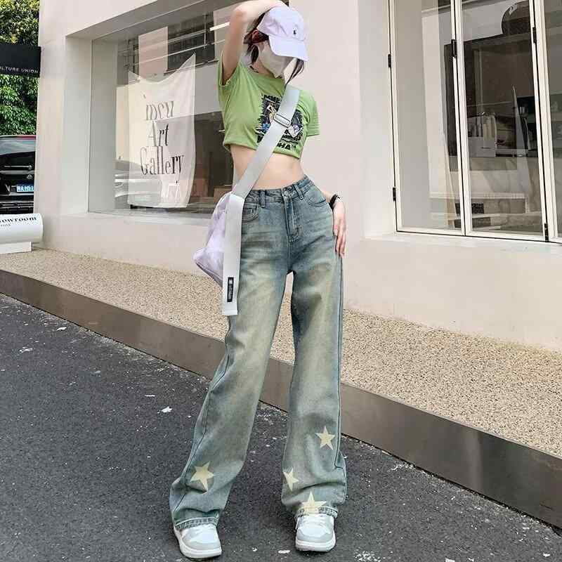 レディース デニムパンツ 直筒 ワイドレッグ 高腰 ヴィンテージ ウォッシュ 星柄 デザイン ゆったり シルエット スリム効果 ドレープ ロング丈 コットン 素材 薄手 軽量 微弾性 切り替え 秋冬 普段使い カジュアル スタイル 日韓風 免燻加工