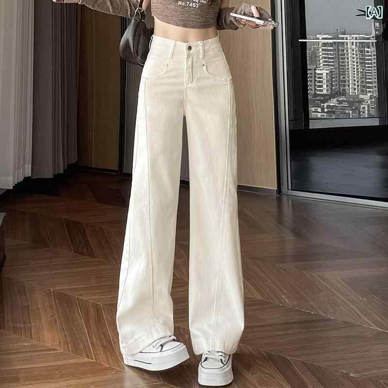 レディース ワイドレッグ デニムパンツ 綿素材 高腰 顯・覧デザイン 切り替え ベンドカット 通勤風 気質スタイル 中厚 伸縮性 春季 ミッドウェイト ライトカラー ロング丈