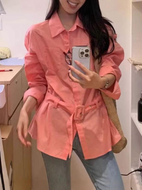 春夏 シャツ 女性用 麻 コットン ポロカラ 切り替え 収腰 韓国風 ゆったり 長袖 ピンク ホワイト ブルー イエロー ネイビー 通勤 普段使い 軽量 吸湿速乾 伸縮性 中長丈 カジュアル トップス ブラウス