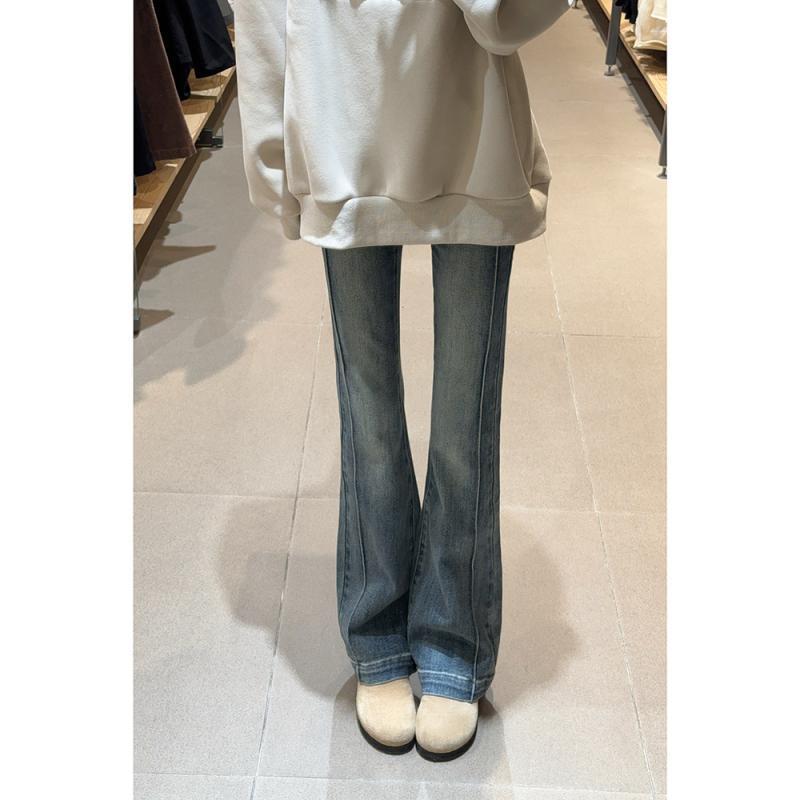 レディース 牛仔パンツ 秋冬 高腰 微喇 直筒 修身 伸縮性 スリム 綿素材 ミディアム厚 洗い加工 ブルー ロング丈 普段使い 私服 カジュアル ハイウエスト フラッターヘム フィット デニム 女性用 ボトムス トップス合わせ 軽量 柔軟 スリムシルエ