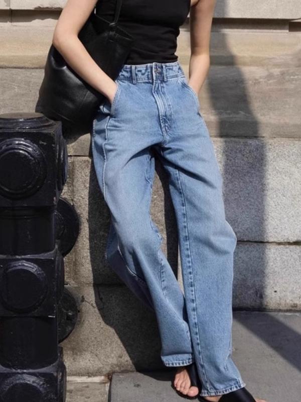 レディース デニムパンツ 牛仔布 高腰 直筒 春秋 気質 通勤風 微弾性 弧形サイドステッチ スリム効果 ロング丈 ポケット付き 水洗ブルー ビジネスカジュアル 普段使い ストレッチ素材 ハイウエスト ロングパンツ