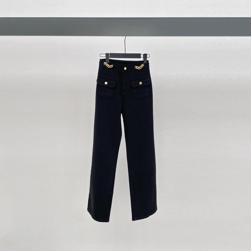 レディース 牛仔パンツ 直筒 高腰 黒 綿 ポリエステル 混紡 ストレッチ チェーン アクセント ポケット 翻蓋 デザイン 日韓 スタイル 夏 普段使い 軽量 通勤 デイリー ファッション ハイウエスト シルエット 微弾力 長ズボン インディゴ デニム