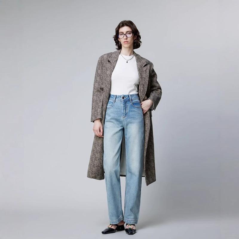 レディース 牛仔パンツ 秋冬 通勤 気質 スタイル ワイドレッグ 高腰 ストレート ロングパンツ デニム生地 綿素材 厚手 ポケット デザイン 海ブルー セーブルー ウォールナットブルー スリム効果 軽量 伸縮性 なし 復古 風 ゆったりシルエット 普段