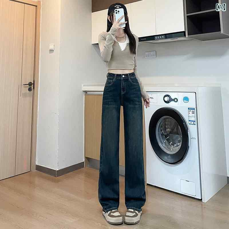 レディース 牛仔パンツ デニムパンツ ワイドレッグパンツ ハイウエスト ストレートパンツ 煙管パンツ 復古スタイル 通勤用 気質デザイン 綿素材 中厚 無弾性 長丈 九分丈 セメントグレー ライトブルー スリム効果 小柄対応 春夏 秋冬 通年