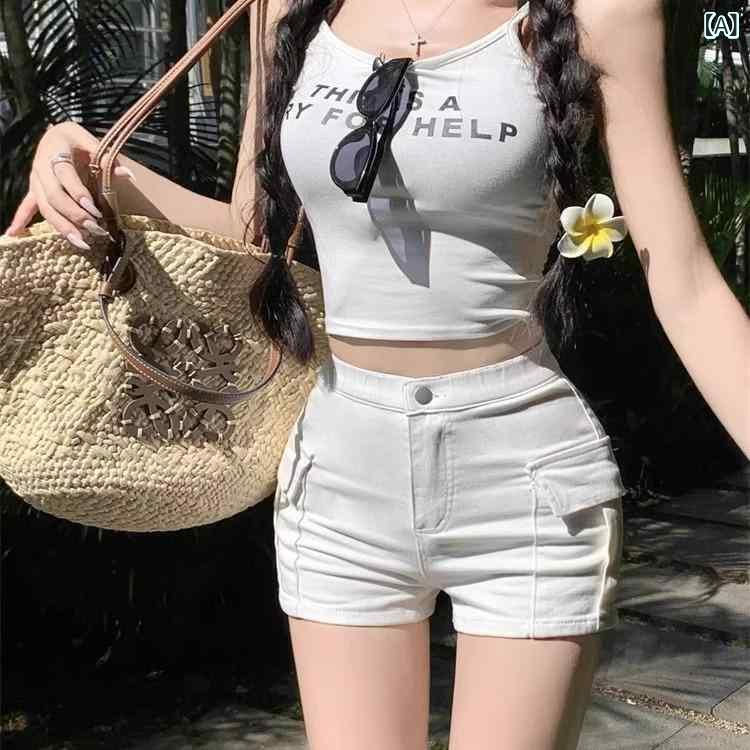レディース デニム ショートパンツ ホワイト ブラック 高腰 Aライン 包臀 気質 通勤 普段使い 切り替え ポケット ミディアム厚 微弾性 タイトフィット 吸湿速乾 水洗加工 軽量 伸縮性 夏 春夏 ヒップ強調 スリムライン カジュアル 女性用 牛仔布