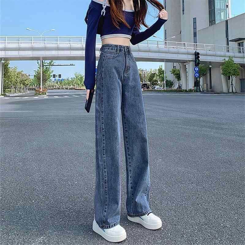 デニムパンツ レディース 高腰 ストレート ワイドレッグ ロング丈 綿混 切り替え ヴィンテージ加工 ミディアム厚 シンプル カジュアル 普段使い 通勤 軽量 伸縮性 吸湿速乾 春夏 秋冬 復古ブルー ライトブルー アイボリー ダークブルー ブラック ブ