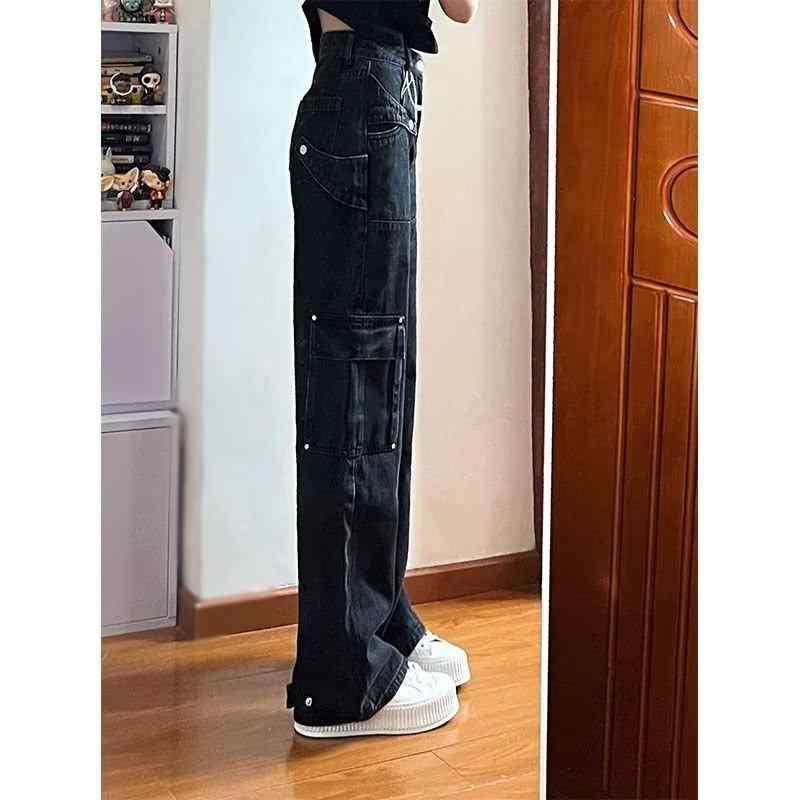 パンツ レディース デニム 工装 牛仔 直筒 ハイウエスト ゆったり マイクロストレッチ 中厚 ブラック ビンテージ 加工 多ポケット 長ズボン 韓国風 快適 日常使い 軽量 吸湿速乾 再生繊維 ポリエステル 混紡 春秋 春夏 秋冬 通勤 外出 スリム
