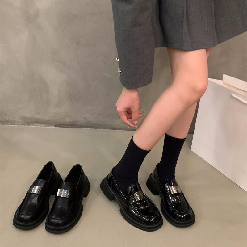 ローファー 女性用 厚底 黒 ローファー 単靴 丸トゥ 中ヒール 低・悉 韓流風 春夏秋冬 通勤 日常使い 超繊維 合成皮革 ラバーソール 接触冷感 伸縮性 軽量 純色 セットオン 通用 低口 成人向け ビッグシルエット ハイウエスト
