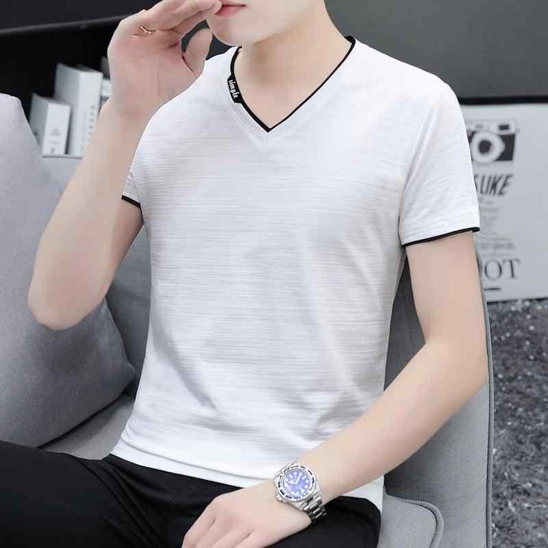 メンズ Tシャツ Vネック 短袖 修身型 薄手 接触冷感 速乾 透気 防皺 抗菌 耐磨 高弾性 降温 ピンク系 ブラック ホワイト グレー 豆緑 ピンク 青春流行 ピンカラー 切り替え セットインスリーブ 薄型 ポリエステル フィット 夏用 フィットネス