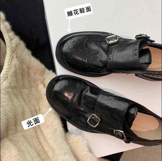 女性用 ローファー 靴 黒 ブラウン 牛革 シュリンク加工 二層皮 ラウンドトゥ 中厚ヒール ダブルバックル 低カット 浅口 ラバーソール 豚革内張り 天然皮革インソール 日常使い かわいい クール スタイル 冬 春 夏 秋 通年対応 5,443円