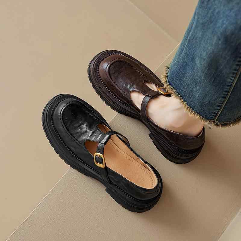 メンズ ローファー 女性用 厚底 真皮 ローファーシューズ 丸トゥ 粗ヒール 中ヒール 3-5cm T字バックル ストラップ クラシック 単色 ブラック ブラウン 低・辞 ラバーソール ピッグスエード内張り ステッチ 汎用 ユニセックス カジュアル デイリ