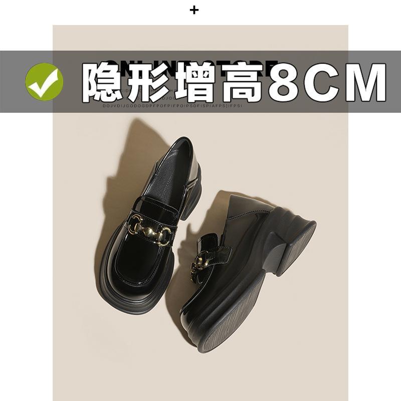 レディース 厚底 ローファー 靴 女性用 インソール インクリース 真皮 革靴 英倫風 低カット シングル シューズ 漆皮 牛革 粗ヒール バックル ラウンドトゥ 純色 ブラック 光沢 マット フェルトライニング ラバーソール 超繊維 内装 EVA イン