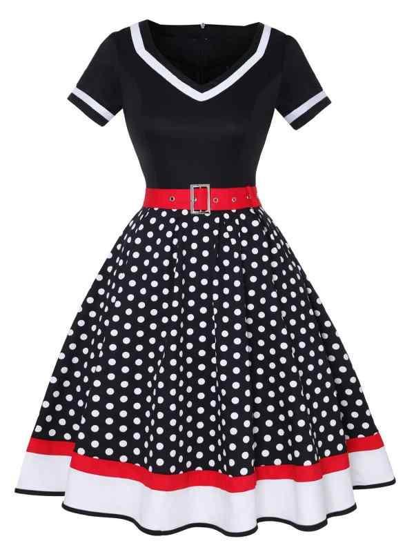 ワンピース レディース 復古風 コットン 混紡 素材 Vネック ポルカドット プリント 50s スタイル 大振り フレア スカート ハイウエスト 切り替え デザイン 短袖 中丈 修身 シルエット ブラック 赤 ホワイト ピンク カラーバリエーション 宴会