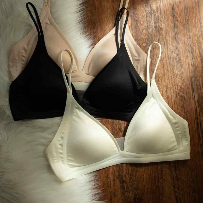 ブラ 女性用 夏用 ミルクサテン フレンチ ディープVネック 無痕 薄型 三角カップ 小胸用 ワイヤレス 細肩ストラップ 透気 吸汗 調整型 快適 ナイロン素材 香? 銀灰 肌色 ブラック 香?色 銀灰色 肌色 黒