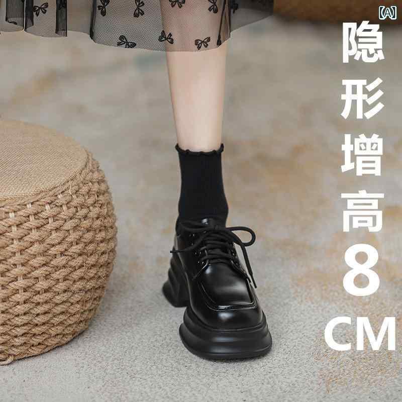 レディース ローファー 英倫風 厚底 防水台 丸トゥ ハイヒール 8cm インソール インクリース ローカット ストラップ シューズ 超繊維 レザー ラバーソール PUインソール 耐磨 ブラック ミルクホワイト フリースライニング 日常使い 通年 通勤