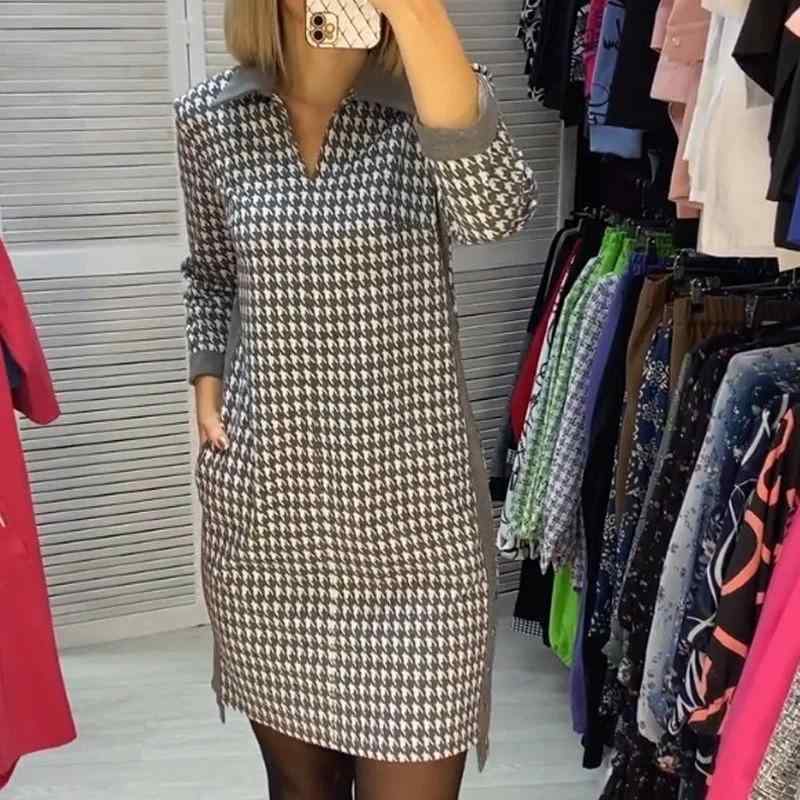 ワンピース 女性用 秋冬 通勤 気質 修身 Vネック 長袖 プリント 切り替え ハイウエスト ミドル丈 ストレートスカート ポリエステル グレー ブラック セットアップ シック ビジネスカジュアル