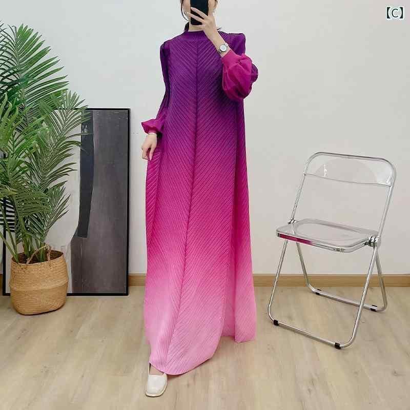 ワンピース 女性用 長袖 プリーツ スカート グラデーションカラー 泡袖 花柄 デザイン 中長丈 接触冷感 ポリエステル 素材 気質 通勤スタイル 赤 緑 ピンク系 カーキ グレー ネイビー 春夏 基本款 ゆったり腰回り 半高領 セットインスリーブ ワン