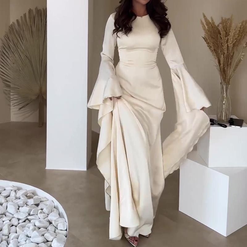 秋冬 ワンピース レディース ロングドレス ドバイ風 ローブ 修身 スリム ハイウエスト ガウンスタイル コットンライク ポリエステル 接触冷感 ラウンドネック バットスリーブ ロングスリーブ フラウンス ラッフル 不規則ヘム イノセント エレガント プ