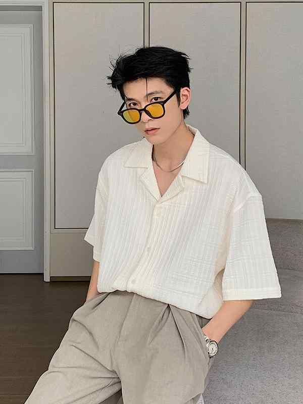 メンズ シャツ 短袖 キューバカラー トップス 男性用 春夏 夏用 ?? ポリエステル 再生繊維 防シワ 免? ゆったり ワイドシルエット 韓国風 オープンカーディガン 開襟 スタンダード 無地 ソリッドカラー ブラック 杏色 ベージュ系 ティーンエイジ