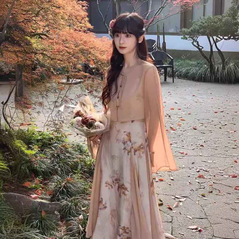 チャイナドレス セット レディース 春夏 長袖 長め スカート 高腰 Aライン 薄手 ?? ポリエステル フィブロン インナー 開襟 シングルブレスト ボタン プリント 柄 気質 優雅 通勤 スタイル 気品 ウーマン セットアップ ワンピース 風 ロング
