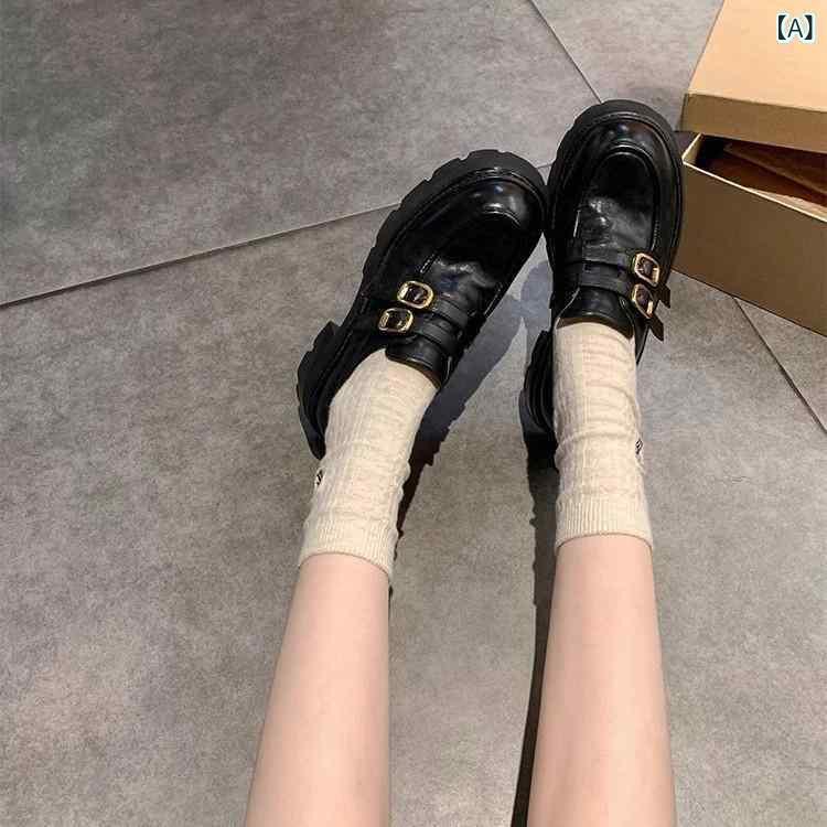 女性用 レディース ローファー 厚底 靴 厚底ローファー 6cmヒール 馬皮 革靴 切り替え デザイン 金属 バックル 装飾 フラップ 革ベルト ステッチ 加工 丸トゥ 低カット ミッドカット ラバーソール シープスキン ライニング ナチュラル レザー