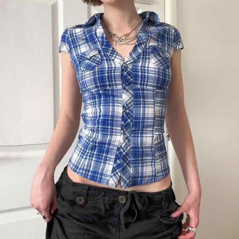 シャツ 女性用 基本 短袖 Vネック ポケット 付 切り替え デザイン ウエスト 収縮 スリム 修身 シルエット 翻領 シングル ボタン プラケット ポリエステル 素材 95% 以上 街頭 スタイル 個性 工装風 潮人 ファッション ブルー ブラウン カ
