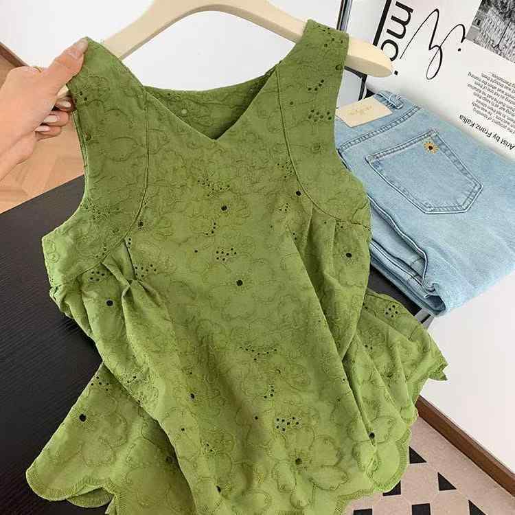 レディース Vネック 無袖 背心 トップス シャツ 韓国風 刺繍 提花 切り替え デザイン 緑 春夏 接触冷感 ポリエステル 素材 軽量 吸湿速乾 免・聞 処理 ゆったり シルエット 普通 丈 セットイン 袖 セットアップ 可能 芸術的 復古 スタイル 快