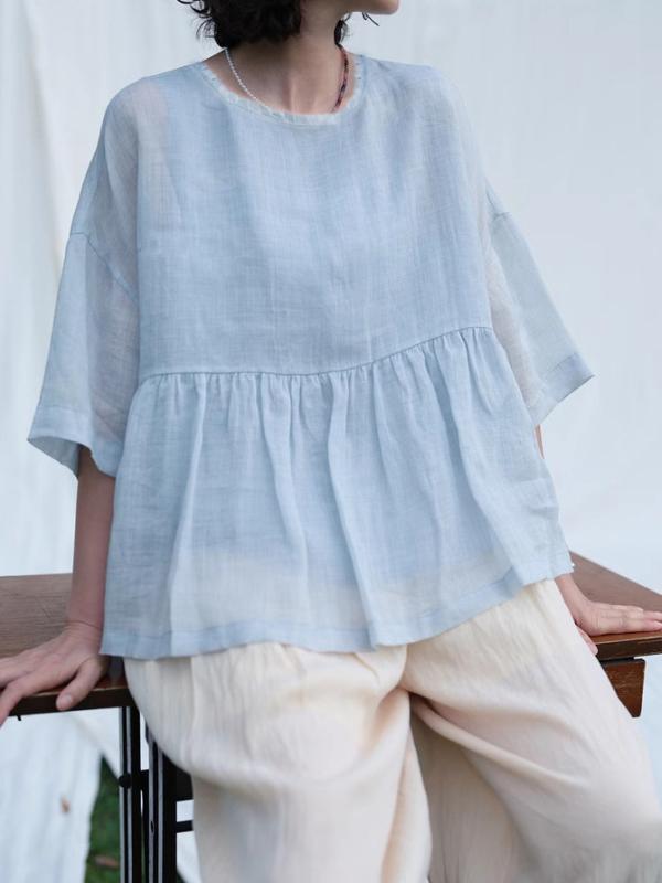 レディース ?麻 シャツ トップス 通勤 刺繍 ワイド ルーズ 丸首 薄手 ライトブルー 防晒 短袖 接触冷感 吸湿速乾 ライトウェイト 落ち肩 都市 カジュアル 気質 セットアップ 純色 普通丈 クロップド