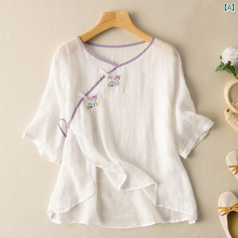 短袖トップス 女性用 ワイドサイズ ゆったりシルエット 民族風 斜め襟 盤ボタン 刺繍 綿麻素材 刺繍デザイン セットインスリーブ 普通丈 ラウンドネック プレーン柄 白色 紫色 ブルー オレンジ ピンク 春夏 快適カジュアル ゆったりフィット 刺繍刺繍