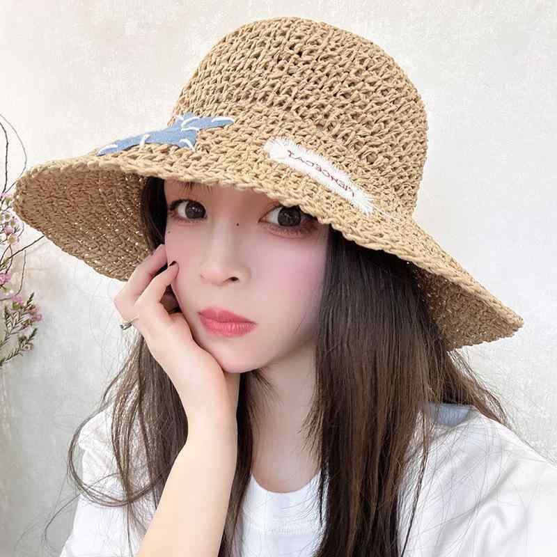 麦わら帽子 女性用 夏 星柄 ビーチ 度假 織り 防晒 大帽檐 太陽帽 軽量 紙草 素材 丸頂 ラウンドトップ 米色 ベージュ カラキ カーキ 休日 コーディネート 百搭 スポーツ スタイル ファッション