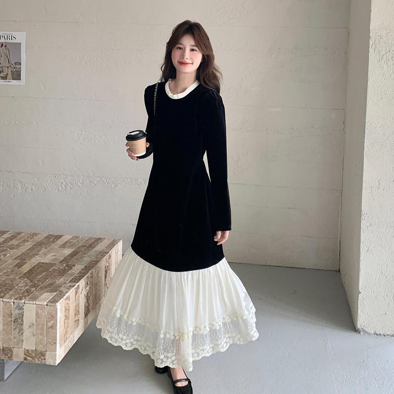 ワンピース 法式 女性用 長袖 長丈 ワンピース 黒 ベルベット 素材 切り替え レース デザイン ハイウエスト デザイン 丸首 タイプ 単品 セット 純色 パターン 復古 スタイル 軽量 素材 ポリエステル 繊維 70% 以上 吸湿 速乾 機能 通勤 7,601円