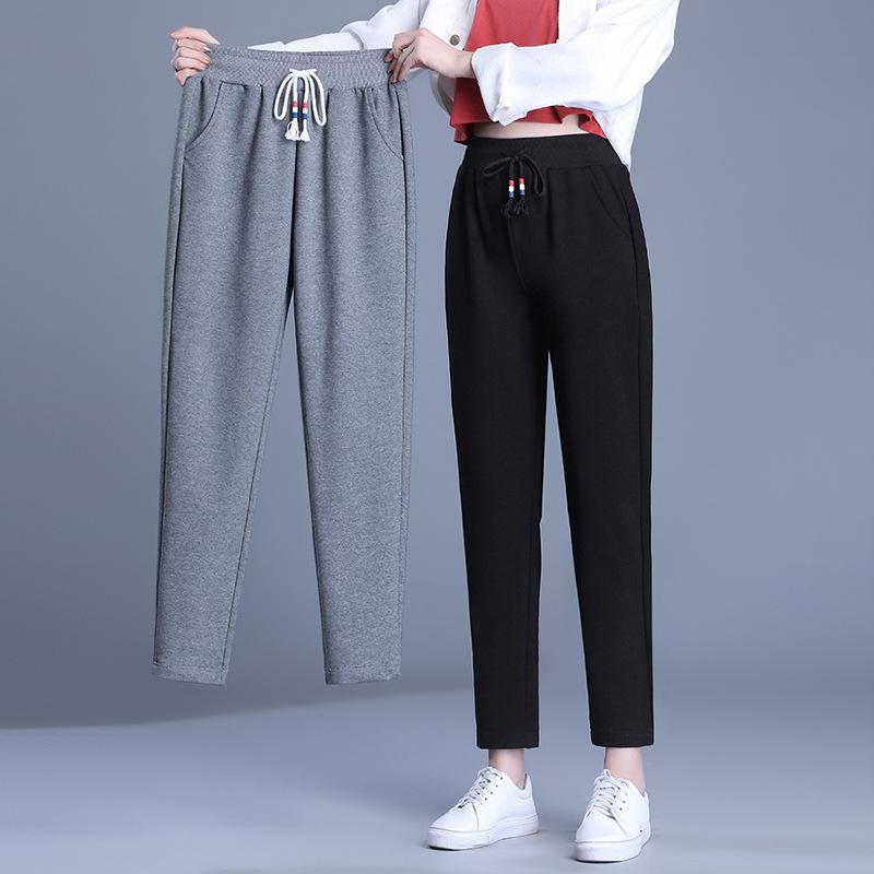 レディース ハーレムパンツ 高腰 ワイドレッグ スリム ストレート ロングパンツ 大きいサイズ 松腰 スポーツ レジャー 通勤 気質 快適 コットン混紡 ポリエステル スパンデックス 中厚 ポケット 切り替え 中弾力 グレー ブラック 春季
