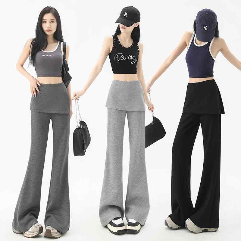 レディース 春夏 フラワーパンツ 偽ツーピース デザイン ラフ ワイドパンツ フレアパンツ ゆったり スリム ラフ 弾力 高腰 運動パンツ 切り替え アシンメトリー ブラック グレー 深グレー 長丈 伸縮性 私服 スタイリッシュ
