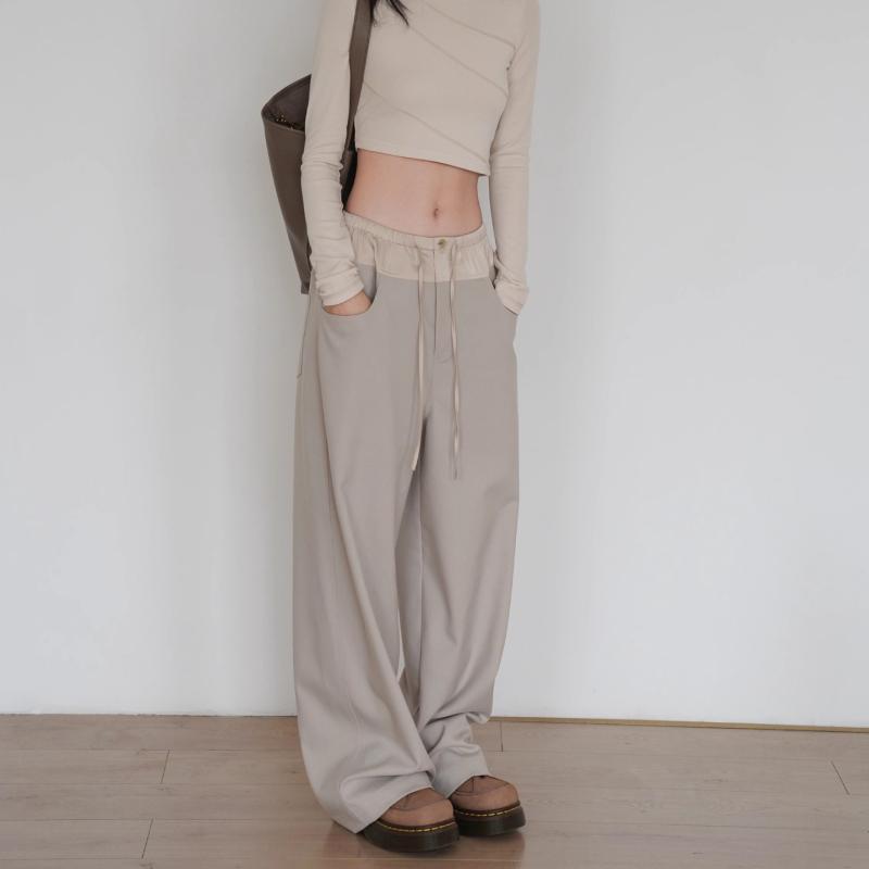 レディース ゆったり ワイドパンツ 切り替え ロングパンツ ハイウエスト ストレッチ 化繊混紡 微弾力 吸湿速乾 春夏 日韓カジュアル 普段使い ブラック クリーム