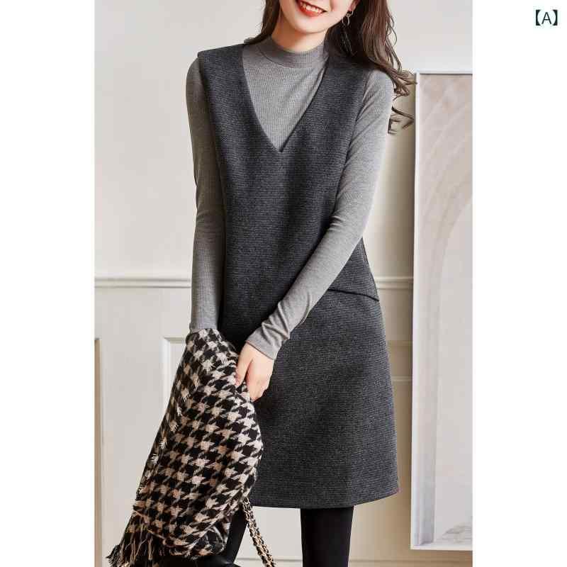 ワンピース 女性用 グレー系 背心 ワンピース 春早春 フレンチ ビンテージ ルーズ フィット Vネック 無袖 中長 毛織 ウール混 ポリエステル ポケット 切り替え ボタン ジッパー 日韓 カジュアル スタイル ゆったり シルエット 軽量 柔らかい 質