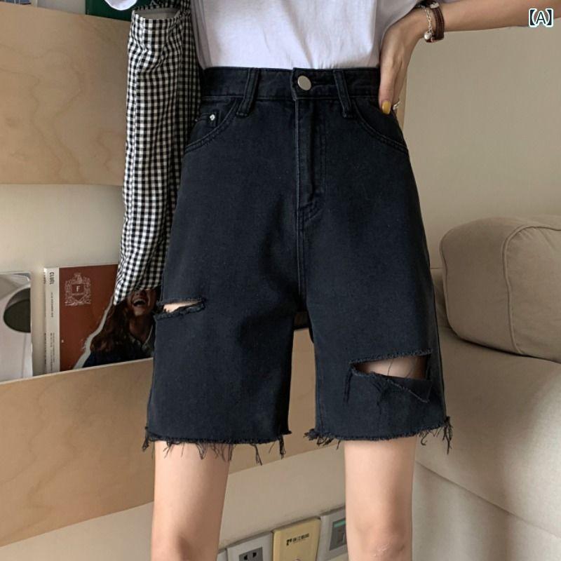 ショートパンツ 女性用 夏 高腰 デニム 破れ 加工 綿 混紡 ストレート シルエット ブラック ゆったり 着痩せ 効果 通勤 スタイル 快適 デイリー ウェア 軽量 素材 吸湿 速乾 機能 気質 デザイン