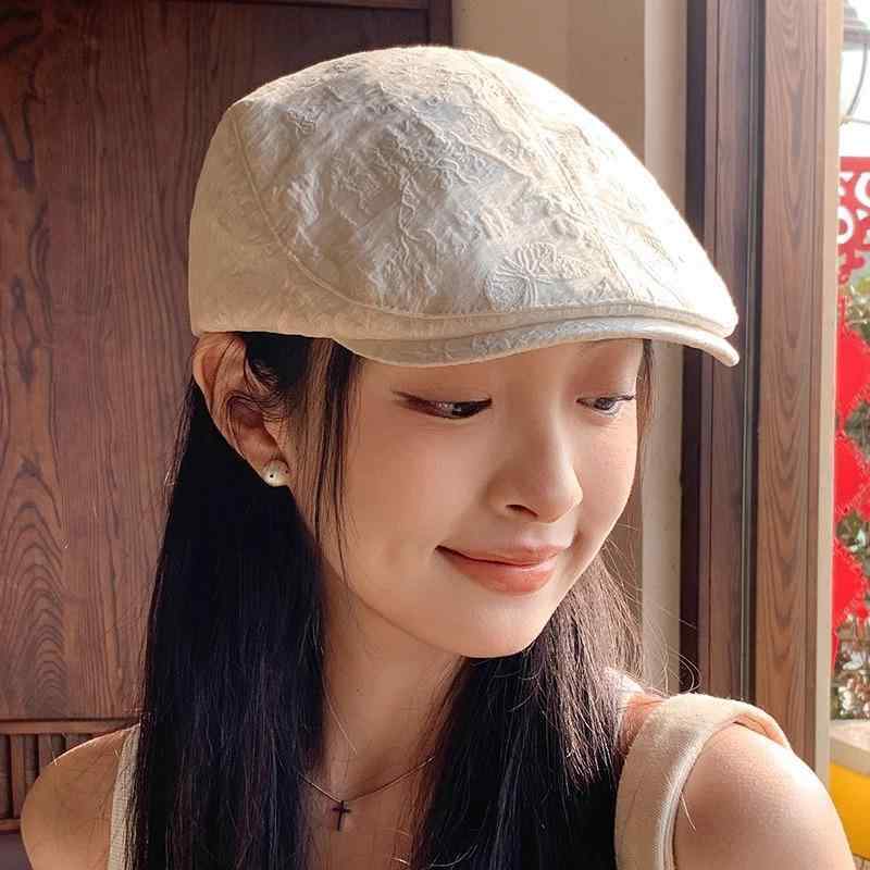 ベレー帽 メンズ レディース 復古 ベージュ 画家風 フラットトップ 短檐 透気性 花柄 植物モチーフ 春夏 ファッション 通勤 普段使い 軽量 柔らかい 布地 アイボリー系 ブラック ユニセックス かわいい スタイル 春 夏 カジュアル
