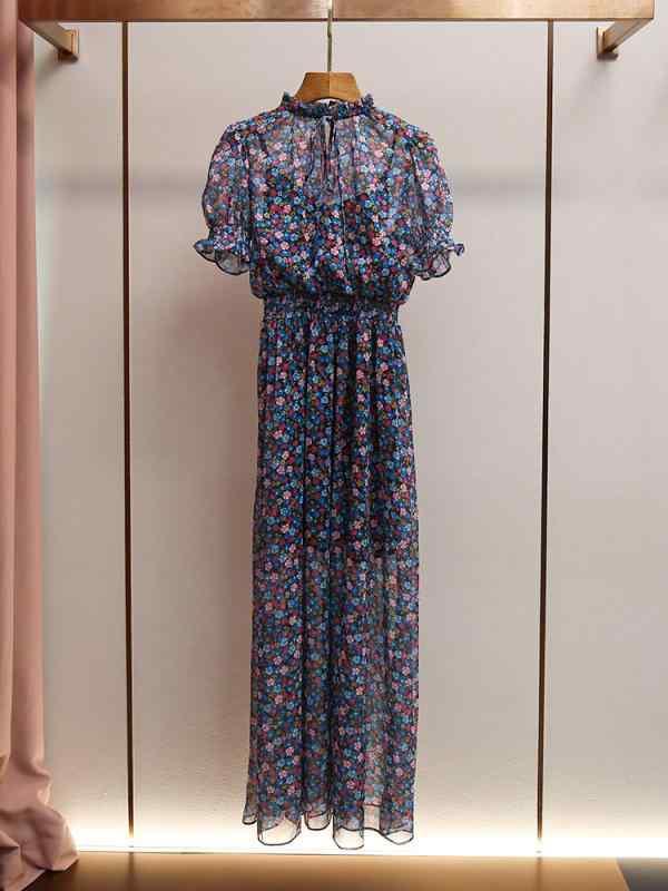 ワンピース 女性用 春夏 秋冬 通勤風 気質 Aライン 高腰 ロング丈 Vネック 泡泡袖 短袖 切り替え 系帯 フレア フレッシュ フラワープリント ポリエステル 軽量 吸湿速乾 ブルーピンク 花柄 ロングスカート トップス ドレス カジュアル 普段使い