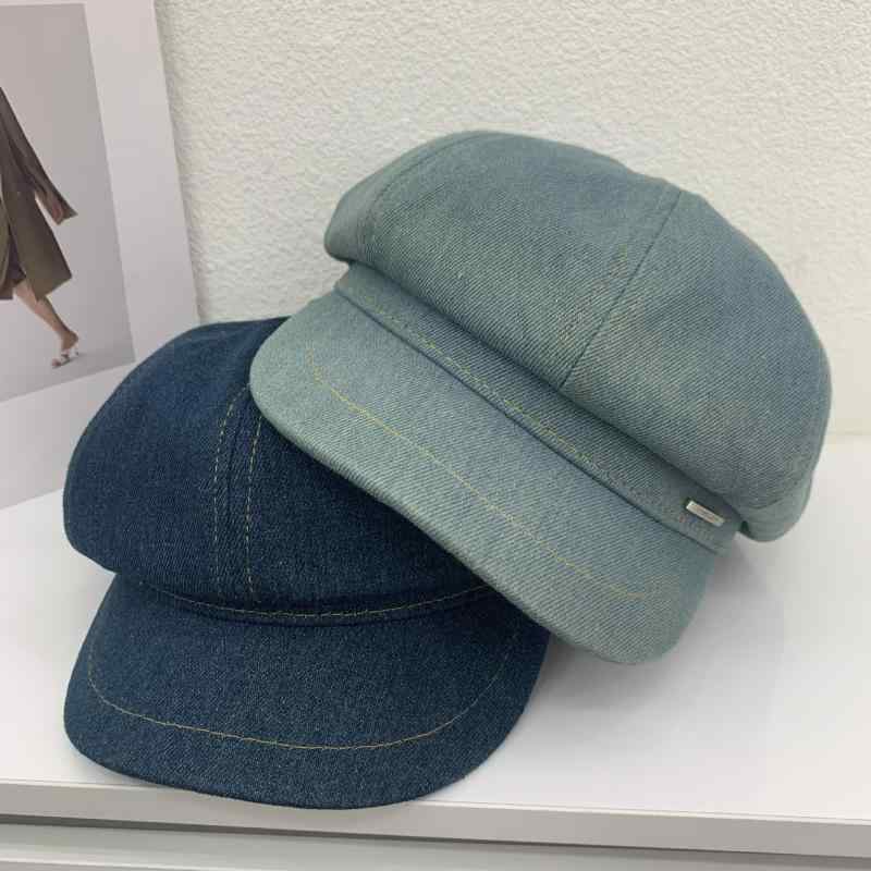 帽子 女性用 デニム 八角帽 画家帽 春秋 秋冬 保暖 短檐 丸みシルエット かわいい 復古風 英倫スタイル ブラック ライトブルー ダークブルー 通勤 普段使い 軽量 デニム素材 顔周りすっきり トレンド コーディネート