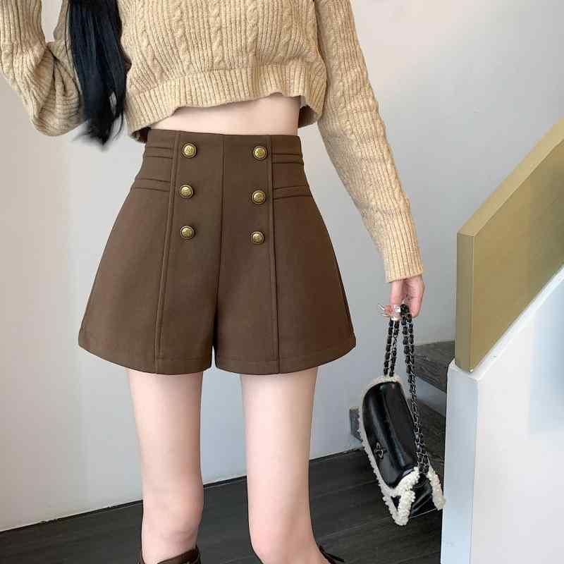 レディース 秋冬 毛・希 ?腿 ショートパンツ 高腰 ダブルブレスト ブラック コットン ミックス ポリエステル 中厚 微弾性 切り替え デザイン 韓国風 ゆったり シルエット ?・覧 スタイリッシュ 日常使い 暖か 快適 履き心地 いい トップス 合わせや