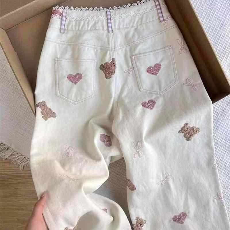 パンツ 女性用 韓国風 かわいい 白 刺繍 春 切り替え レース ゆったり スリム ワイドレッグ ロング デニム 素材 通勤 スタイル 気品 吸湿速乾 ストレッチ