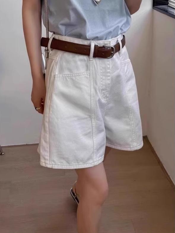 ショートパンツ 女性用 夏 春夏 通勤 デニム 綿 素材 接触冷感 薄手 軽量 伸縮性 高腰 直筒 切り替え ポケット シンプル ホワイト ブラック ベージュ 普段使い 気質 優雅 百搭 小柄対応